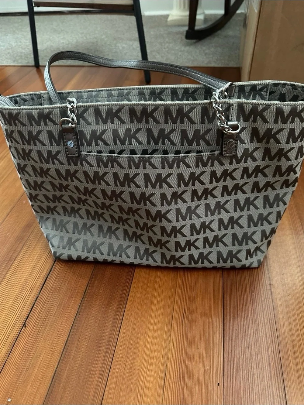 Michael Kors Brown and Gray MK Logo Tote with Tassel Charm